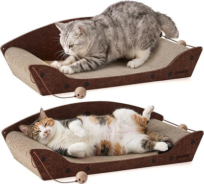 2 Pack 26'' Cardboard Cat Scratcher Bed - Large Scratcher Couch for Indoor Cats, Orthopedic Scratching Board, Lounger Scratching Couch with Bells