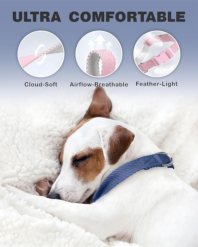 Dynmeow Soft and Breathable Cotton Dog Collar, Durable Adjustable Heavy-Duty Pet Collar with Quick-Release Buckle, Lightweight for Sensitive Skin for Medium and Large Dogs, Navy-Blue, M