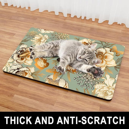 Dog Food Mat, 12" x 19" Flower Absorbent Dog Cat Bowl Mat for Food and Water, Cute Anti-Slip Rubber Pet Feeding Rug Protect Floors, Placemat for Feeding & Watering Supplies, Retro Floral