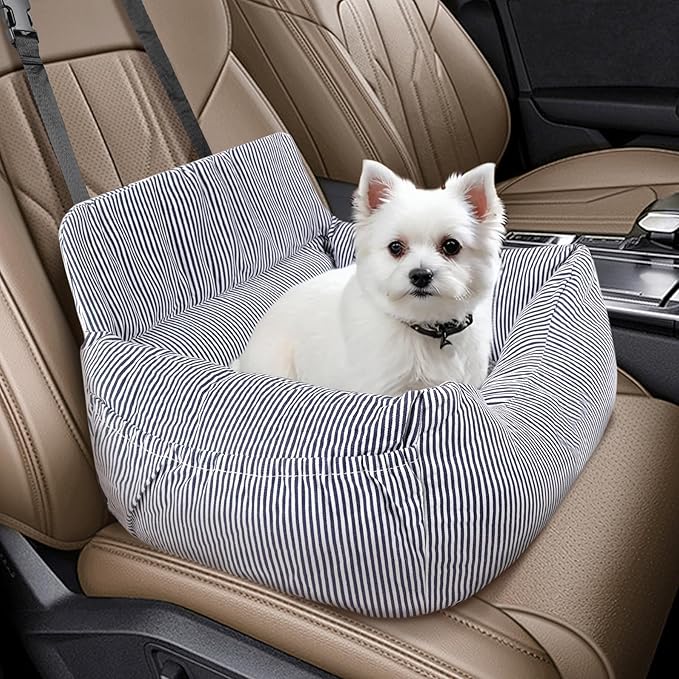Dog Car Seat for Small Dogs, Pet Booster Seat with Clip-On Safety Leash and Storage Pockets, Washable Travel Dog Car Bed for Puppy (Blue White)