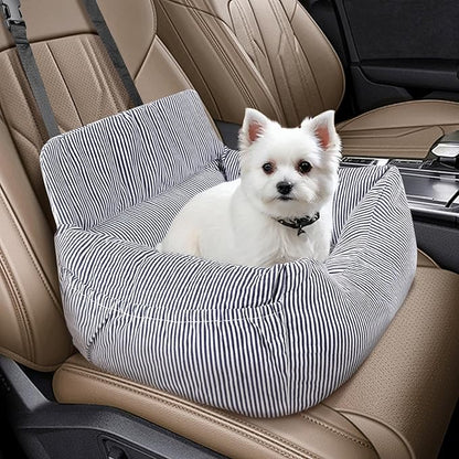 Dog Car Seat for Small Dogs, Pet Booster Seat with Clip-On Safety Leash and Storage Pockets, Washable Travel Dog Car Bed for Puppy (Blue White)