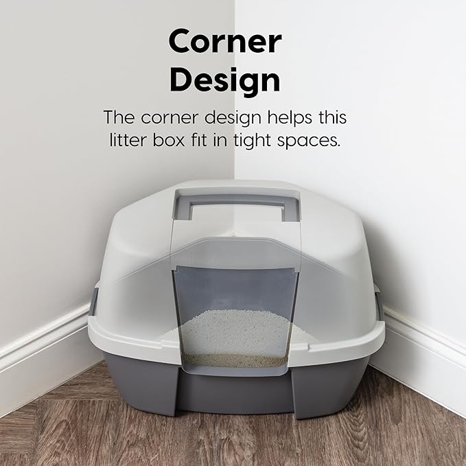 IRIS USA Corner Cat Litter Box - Enclosed Corner Litter Box with Scoop, Hooded Litter Tray for Corners, Space-Saving Covered Litter Box, Odor Defensive, Dark Gray