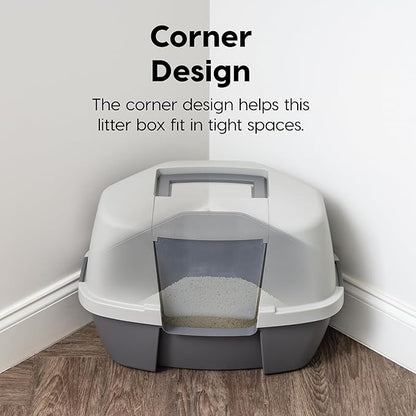 IRIS USA Corner Cat Litter Box - Enclosed Corner Litter Box with Scoop, Hooded Litter Tray for Corners, Space-Saving Covered Litter Box, Odor Defensive, Dark Gray