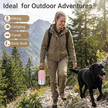 3-in-1 Dog Water Bottle Portable, 32oz Insulated Stainless Steel Pet Water Dispenser with 2 Detachable Travel Dog Bowls for Water & Food, Leak-Proof Puppy Water Bottle for Hiking, Walking (Pink)