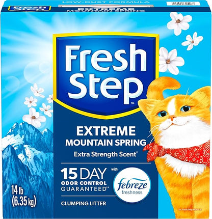 Fresh Step Extreme Clumping Litter with Febreze Freshness,Mountain Spring Scent Clumping Cat Litter with Guaranteed Odor Control,14 lb. Box,(Pack of 2)