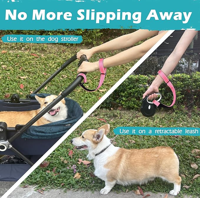 PetBonus Dog Leash Wrist Strap, Safety Strap for Retractable Leash, Lockable Reflective Short Dog Walking Lead with Adjustable Soft Padded Handle, Extra Layer Security for Pet Stroller (Pink)