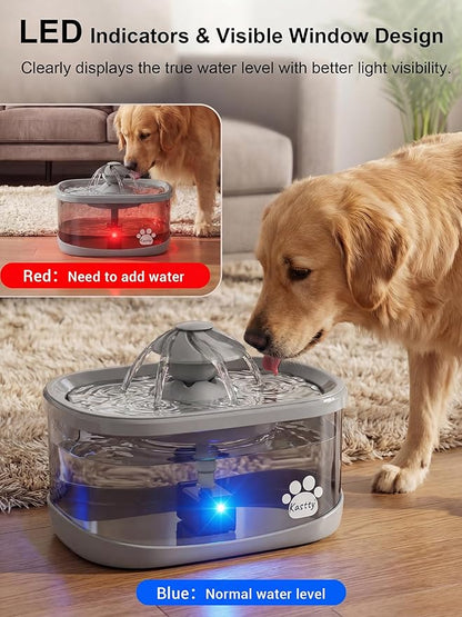Kastty 9.5L Dog Water Fountain for Large Dogs,2.5Gal Large Capacity Pet Water Fountain with 3 Flow Modes, Automatic Quite Dog Water Bowl Dispenser with Water Window & LED,Easy to Clean(FS82,Grey)