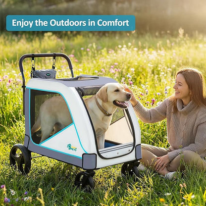 Ownpets Extra-Large Dog Stroller for Large Dogs Up to 154lbs, with Hanging Storage Bag, Foldable Dog Wagon with Adjustable Handle & Breathable Mesh, 4 Wheels Pet Stroller