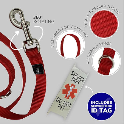 ActiveDogs Hands Free Dog Leash Crossbody 7ft - Premium Service Leash With Chrome 'Service Dog Do Not Pet' Tag - Strong 3/4" Nylon, Double Stitched, Red