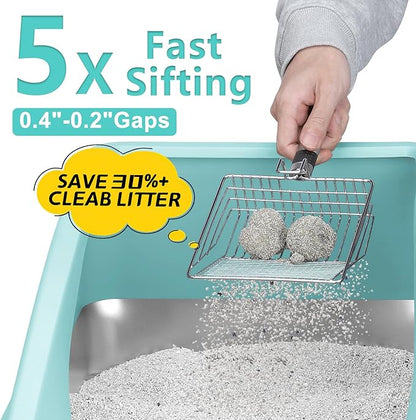 Stainless Steel Litter Box | XL Enclosed Cat Litter Boxs with Lid for Big Cats | High Sided, Anti-Urine Leakage | Non-Stick Bottom & Includes Litter Mat & Metal Scoop (Turquoise, X-Large)
