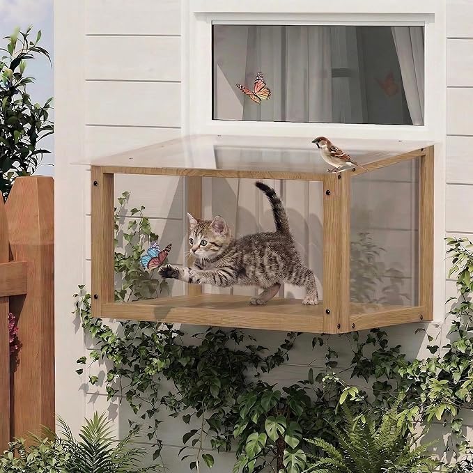 Waterproof Window Cat Perch Catio, Solid Wood Cat Window Box with Clear Acrylic Panels, Outdoor Cat Enclosure for Indoor Cats, Window Catio for Single-Hung Windows 24–35 in