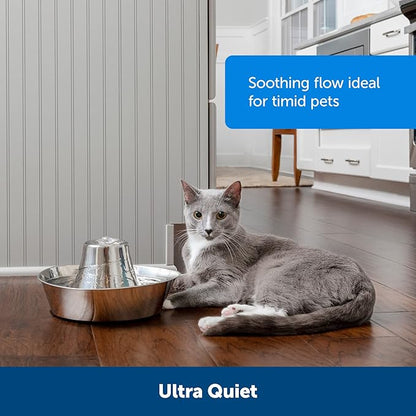 PetSafe Seaside Stainless Steel Cat & Dog Fountain, 60 Oz Water Capacity - 2 Water Filters & 1 Pump Included, Soothing Flow for Pets, Scratch-and Rust-Resistant Material - Quiet Motor