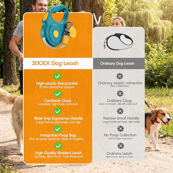 Retractable Dog Leash 10FT for Small & Medium Dogs, Sturdy Heavy-Duty Nylon Tape with Secure Locking Carabiner & Poop Bag Holder, Smooth One-Hand Control, Anti-Slip Handle, Tangle-Free Design (Green)