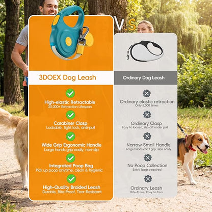 Retractable Dog Leash 10FT for Small & Medium Dogs, Sturdy Heavy-Duty Nylon Tape with Secure Locking Carabiner & Poop Bag Holder, Smooth One-Hand Control, Anti-Slip Handle, Tangle-Free Design (Green)