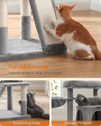 Feandrea Cat Tree, 37.8-Inch Cat Tower, Multi-Level Condo with Widened Perch, Scratching Posts and Ramp, 2-Door Cave, Hammock, Light Gray UPCT51W