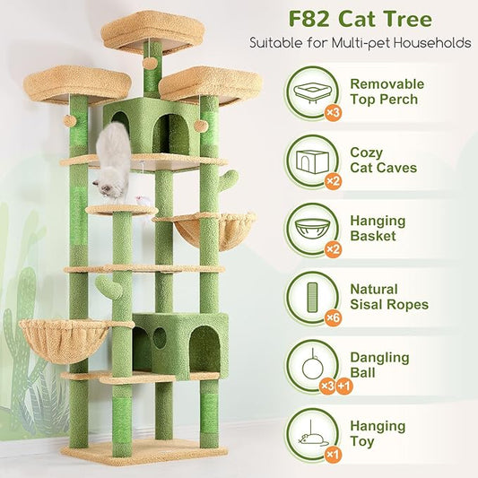 Globlazer Cactus Cat Trees and Towers for Multiple Adult Cats, 82-inch XXL Tall Cat Tree Tower for Indoor Cats with Scratching Post, 3 Perches, 2 Condos, 2 Hanging Baskets, F82, Green