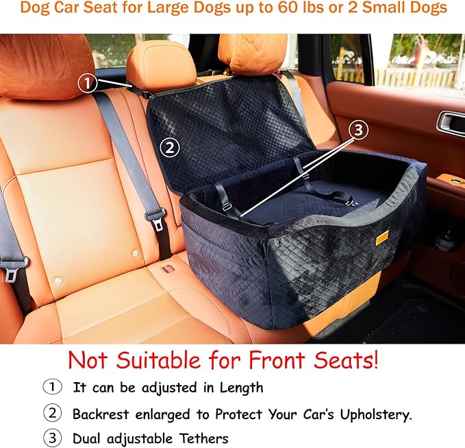Dog Car Seat for Large Dogs up to 60 lbs or 2 Small Dogs with 4" Memory Foam, Back Seat Medium Pet Booster Seat with Triple Safety Belts, Adjustable Leashes, Detachable/Washable (Dark Black, Large)