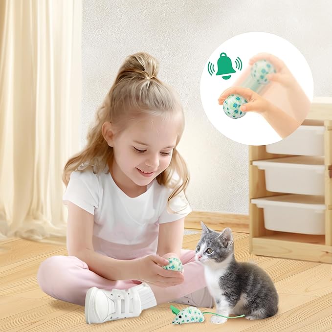 PAWISE Cat Litter Box Set, Small Kitten Starter Kit, Includes Litter Box, Litter Scoop, Double Dish Feeding Bowl, Cat Mouse Toy, Kitty Ball Toy, Green