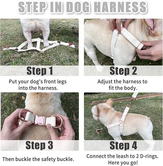 Soft Leather No Pull Dog Harness - Adjustable Step in Dog Harness with Rose Gold Heavy Duty Metal Buckle, Freedom Nylon Dog Halter Vests for Small Medium Large Dogs Easy Walking Training (White,L)