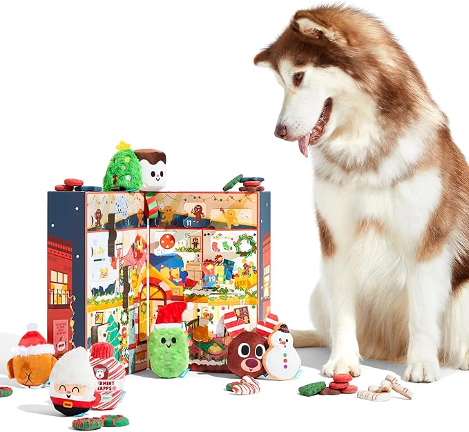 Barkbox Dog Advent Calendar – Holiday Gift Box with 8 Festive Plush Dog Toys & 16 Bakery-Style Treats – Squeaky, Fluffy & Crunchy Surprises for Small to Large Dogs