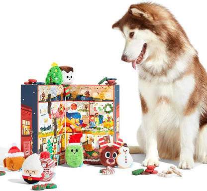 Barkbox Dog Advent Calendar – Holiday Gift Box with 8 Festive Plush Dog Toys & 16 Bakery-Style Treats – Squeaky, Fluffy & Crunchy Surprises for Small to Large Dogs
