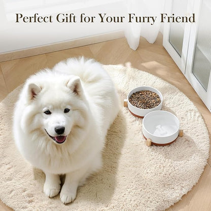 MALACASA Dog Bowls Set with Wooden Stand, 6 Cups Food Water Bowl Set for Medium to Large Size Dogs, Ceramic Pet Bowls with Weighted Non-Slip Base, Basic Bowls for Your Dog,58Oz