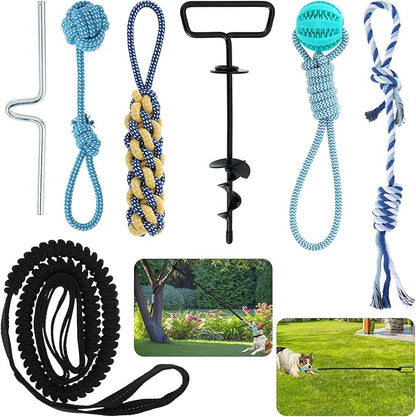 Tether Tug Outdoor Dog Toy with Stake and Adjustable Safety Rope Interactive Exercise Game in Yard, Tether Tug with 4 Chew Toy for Large, Medium & Small Dogs on Lawns or Trees