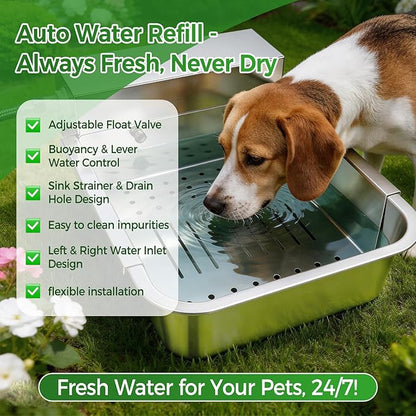 Automatic Dog Water Dispenser with Drain Hole & Sink Strainer, Stainless Steel Auto Dog Water Bowl with Float Valves, Hose Quick Connect Fitting, for Livestock, Chicken, Horse (4 Gallons)