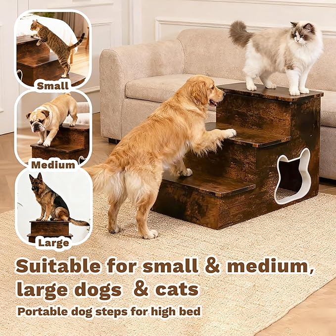 Dog Stairs for Large Dogs,Wooden Dog Steps for High Bed,24.4" Non-Slip Pet Stairs Up to 180LB,Pet Ramps for Small Medium Large Pet (Tiger, Small, 3)