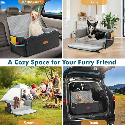 Large Dog Car Seat, Dog Car Bed for Large Dogs Under 60 lbs or 2 Small Breeds, Comfortable Pet Booster Seat with Memory Foam Thick Cushion, Detachable & Washable Pet Bed for Backseat, Black+Grey