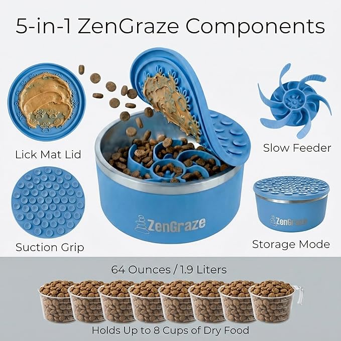 Stainless Steel Slow Feeder Dog Bowl for Large Dogs | 64 oz, Non-Slip Base with Textured Lick Mat Lid & Silicone Slow Feeder Insert – Deep Anti-Gulp Metal Puzzle Bowl for Large Breeds (Eli Blue)