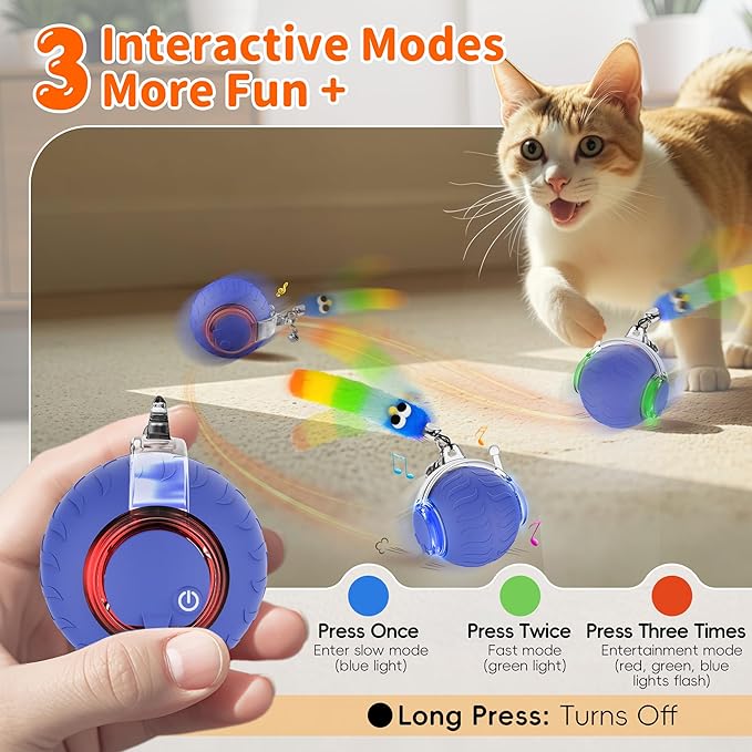 UPSKY Interactive Cat Toy Ball - Automatic Interactive Cat Toys for Indoor Cats, 3-Speed Modes Smart Kitten Toys with Sounds, Rechargeable Cat Ball for Bored Indoor Adult Cats (Blue)