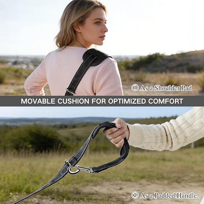 10FT Hands Free Dog Leash for Small Medium Large Dogs, Heavy Duty Reflective Dog Leash with Traffic Handle, Seat Belt Buckle & Poop Bag Holder (Black)