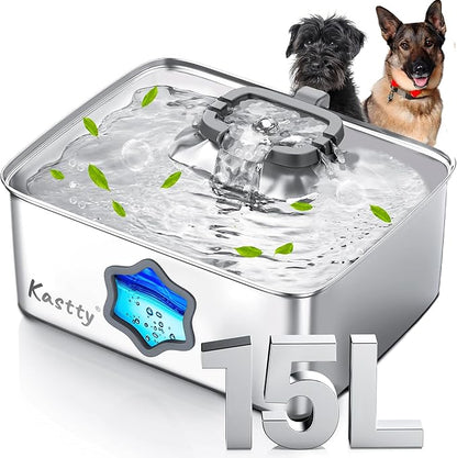 Kastty Large Dog Water Fountain, 15L/4Gal Stainless Steel Pet Water Bowl Dispenser with 5-Stage Filtration, AUTO Dual-Color LED, Visual Window, Ultra Quiet, for Large Medium Dogs & Multi-pet, FS81