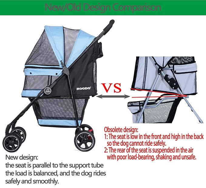 ROODO 4 Wheel Dog Cat Pet Stroller Best Lightweight Foldable Compact Portable Jogger All Terrain Travel Pet Gear Puppy Doggie Bunny Kitty Stroller for up to 30lbs Medium Small Dogs Cats(Sky Blue)