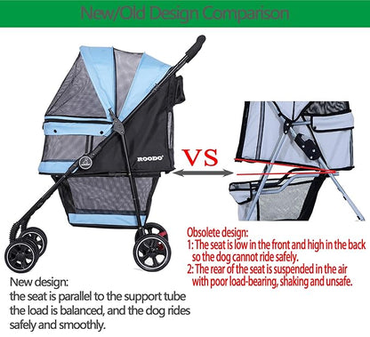 ROODO 4 Wheel Dog Cat Pet Stroller Best Lightweight Foldable Compact Portable Jogger All Terrain Travel Pet Gear Puppy Doggie Bunny Kitty Stroller for up to 30lbs Medium Small Dogs Cats(Sky Blue)