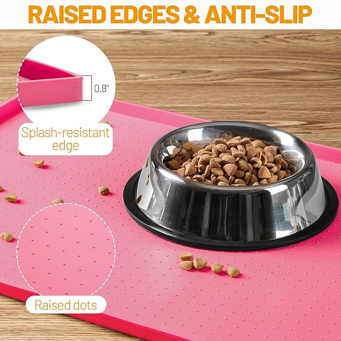 Hubulk Dog Feeding Mat,100% Waterproof Food Grade Silicone Pet Food and Water Bowl Placemat,Dishwasher, High Raised Edge to Prevent Spills,Nonslip Tray to Stop Messes on Floor（28"x18"x0.8", Pink）