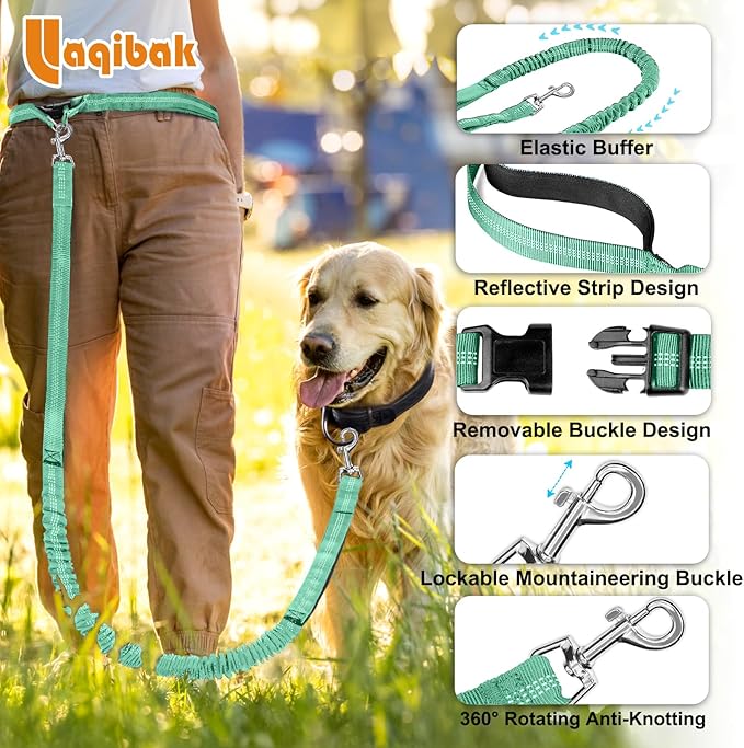 Hands Free Dog Leash, Adjustable Waist Leash for Dog, Handle Bungee 4.2-6.7 Feet Long with Reflective Stitches for Walking Hiking Running, Fits 26"- 43" Waist, Mint Green