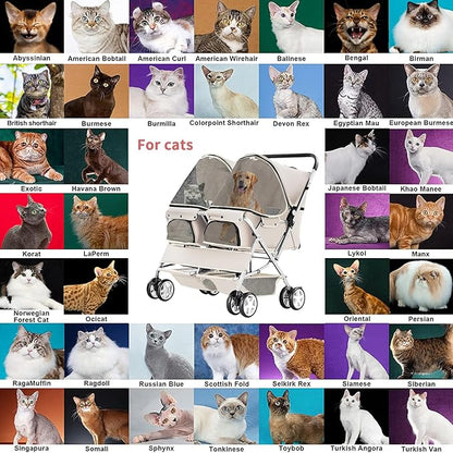 Double Pet Stroller, Foldable Stroller for 2 Dogs & Cats, Two-Seater Carrier Twin Dog Walk Jogger Travel Pet Carriage Cart with Storage, Gray