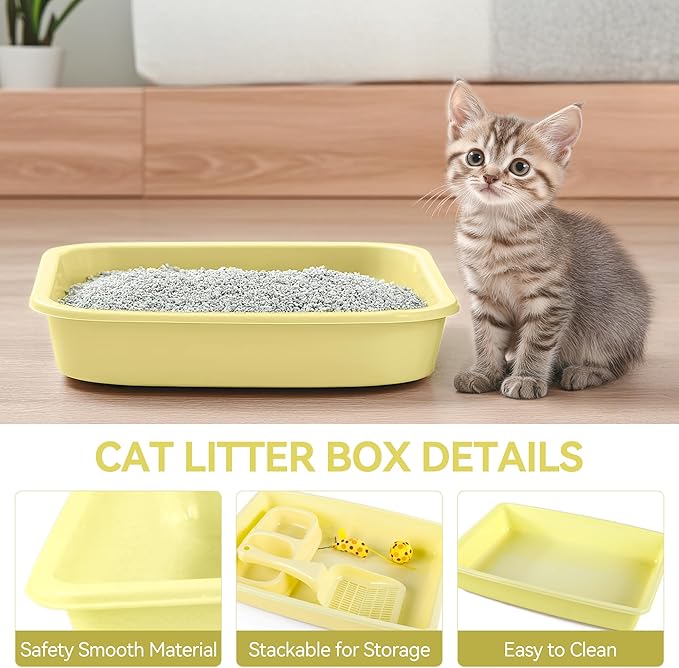 PAWISE Cat Litter Box Set, Small Kitten Starter Kit, Includes Litter Box, Litter Scoop, Double Dish Feeding Bowl, Cat Mouse Toy, Kitty Ball Toy, Yellow