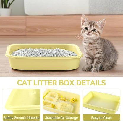 PAWISE Cat Litter Box Set, Small Kitten Starter Kit, Includes Litter Box, Litter Scoop, Double Dish Feeding Bowl, Cat Mouse Toy, Kitty Ball Toy, Yellow
