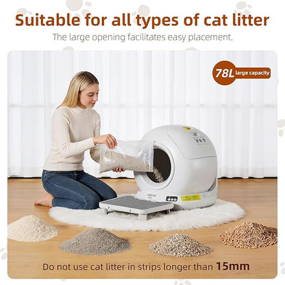 Self Cleaning Cat Litter Box, Automatic Cat Litter Box for Multiple Cats APP Controlled with Safety Sensors, 78L Large Capacity Odor Control Robot, Trash Bags Included
