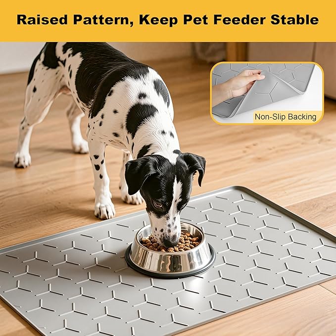 Pieviev 34''x22'' Dog Cat Food Bowl Mat, Silicone Waterproof Food Grade Pet Food Mat for Floor, High Raised Edge to Prevent Spills, Non-Slip & Easy Clean Pet Placemat for Dog & Cat Bowls, Light Gray