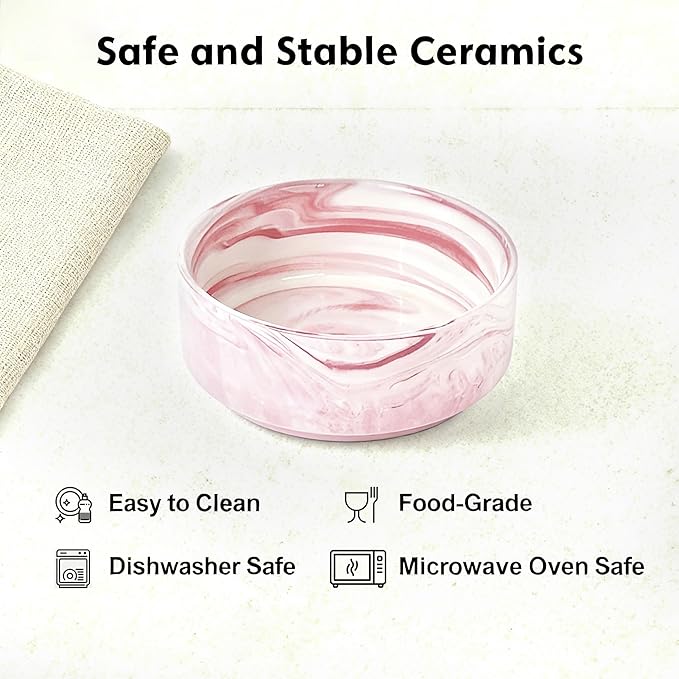 Elevated/Raised Ceramic Dog Bowl with Bamboo Stand,Marble Pattern 7 Inch 7.6 Cups Non Slip Heavy Weighted Single Pet Dish,Anti Tipping,Reduces Neck Strain Marble Pink