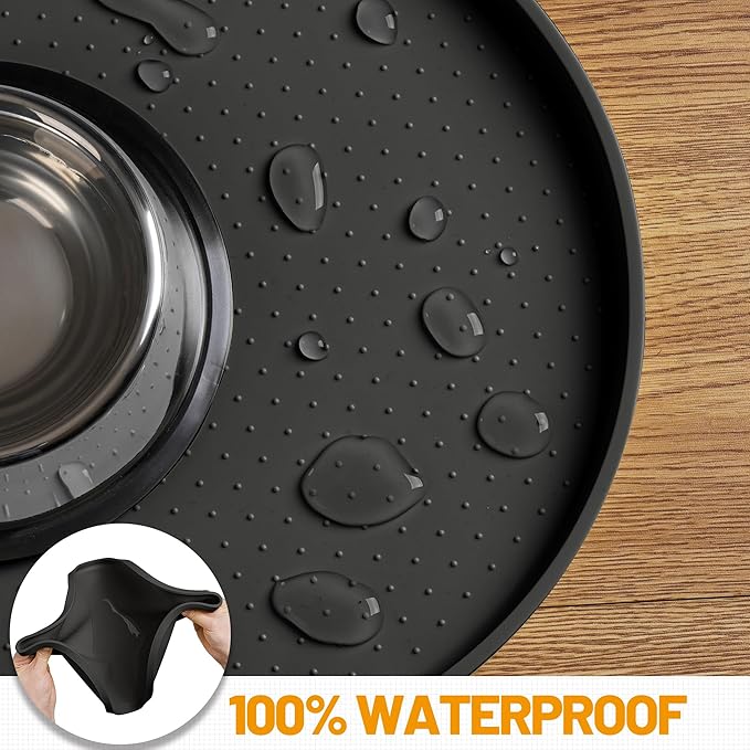 Hubulk 100% Waterproof Silicone Pet Feeding Mat with Raised Edge for Food and Water, Dog Bowl Mats, Cat Bowls Placemat with High Lip Protects Floor for Cats and Dogs (Black, 16" L x 10" W)