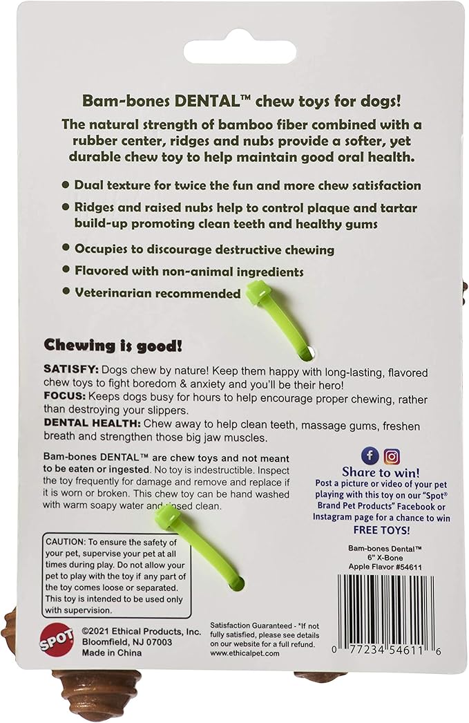 SPOT Bam-Bones Dental X-Bone - Made with Bamboo Fiber and a Massaging Rubber Center to Keep Teeth Clean, Durable Oral Care Dog Chew for Light Chewers & Teething Puppies Under 25lbs, 6in, Apple Flavor