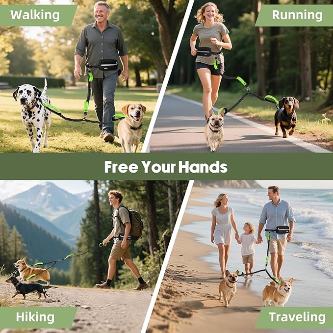 Hands Free Dog Leash for 2 Dogs with Pouch, Waist Leash for Dog Walking, Retractable Leashes with Dual Padded Handles, Adjustable Reflective Belt for Small Medium Large Dogs, Black Green