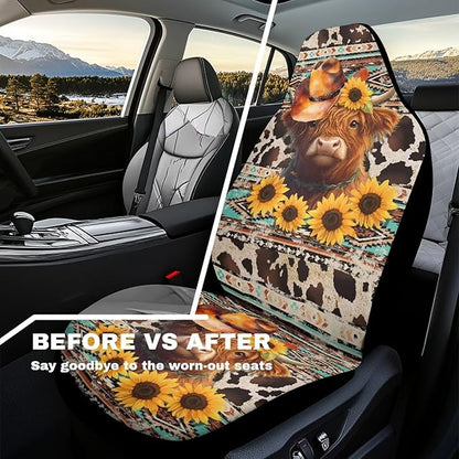 Car Seat Covers Waterproof Universal Aztec Highland Cow Print Front Car Seats Easy Installation Washable Cover Automotive Interior Accessories for Cars Truck SUV Van