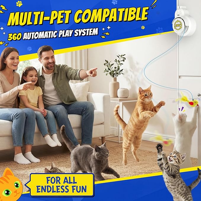 Interactive Cat Toys for Indoor Cats - Automatic Flying Bird Feather & Mouse Wand Enrichment Toy, Hands-Free or Handheld USB-Rechargeable Safe Play Chase Exercise for Bored Kittens and Adult Cats