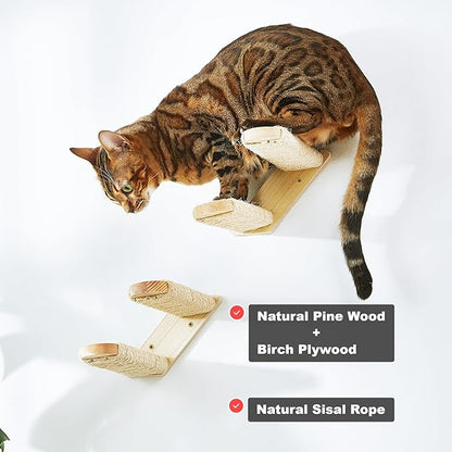 Wall-Mounted Cat Stairs Set of 2, 2-Step Pine Wood Cat Ladder with Sisal Rope, Space-Saving Climbing Shelves for Cats